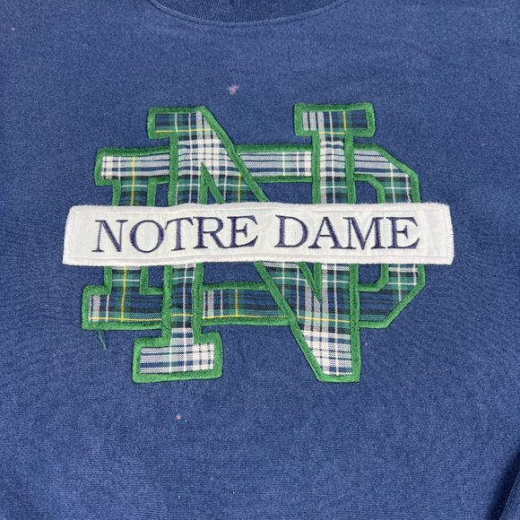 VTG Notre Dame Fightin Irish Sweatshirt Large Blue Faded Plaid Logo Crewneck - Picture 5 of 15